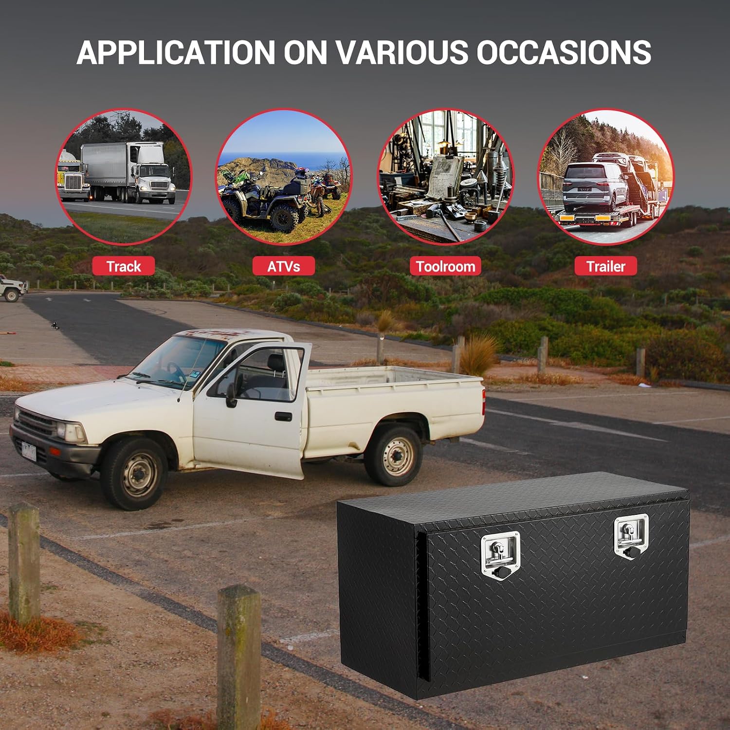 GarveeTech Underbody Truck Box,36 in Pickup Storage Box,Heavy Duty Aluminum Diamond Plate Tool Boxes with Lock and Keys,Waterproof Trailer Storage Box with T-Handle Latch for Truck,Van,Trailer，Black