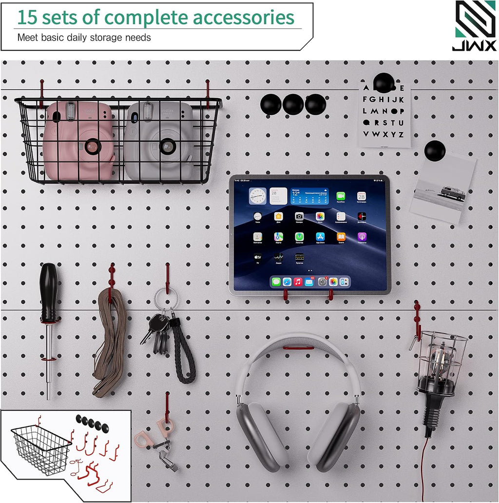 JWX DDB Standing Pegboard Shelf Unit, 30'' White Home Office shlef cabinets with Metal Pegboard and 15 Pieces Organizer Tool Holders