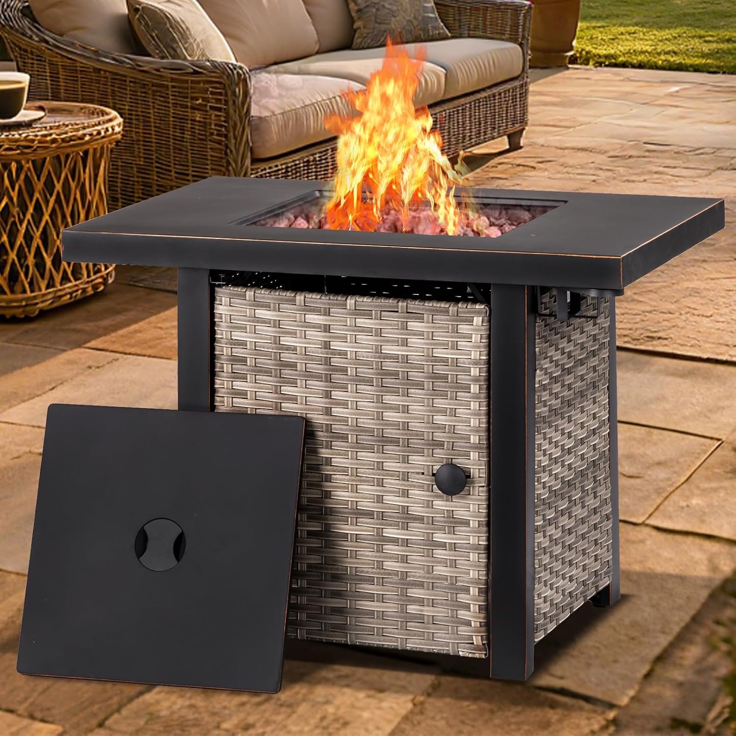 OutVue 32 Inch Propane Fire Pit Table, Outdoor Gas Fire Pits with 2 Drink Holders, Lid & Lava Rock, 50000 BTU Firepit Table for Dinning, Party in Outside, Patio, Garden or Yard