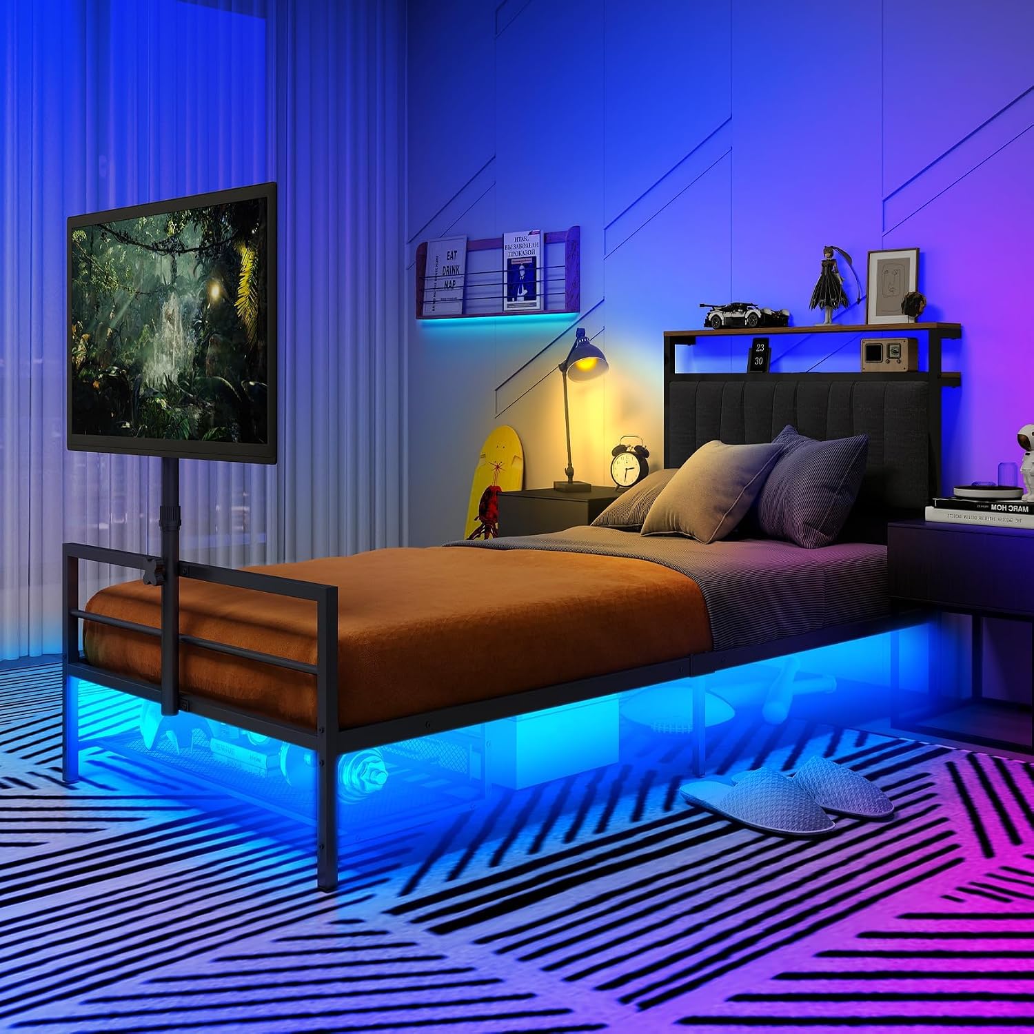 Twin Size Gaming Bed Frame with Storage Headboard,Black Metal Twin Bed Frame with LED Light Rotating TV Mount Charging Station,College Dorm Room Essential for Gaming Teen Boys Kids,Heavy Duty