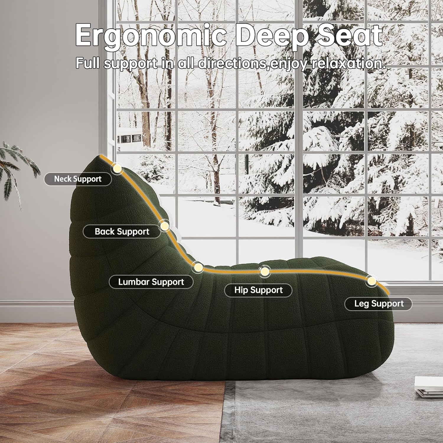 Memory Foam Bean Bag Chair for Adults, Teddy Material Beanbag Sofa with Filler, Cozy Floor Lounge Seat for Living Room, Bedroom, Dorm, Office (Green)