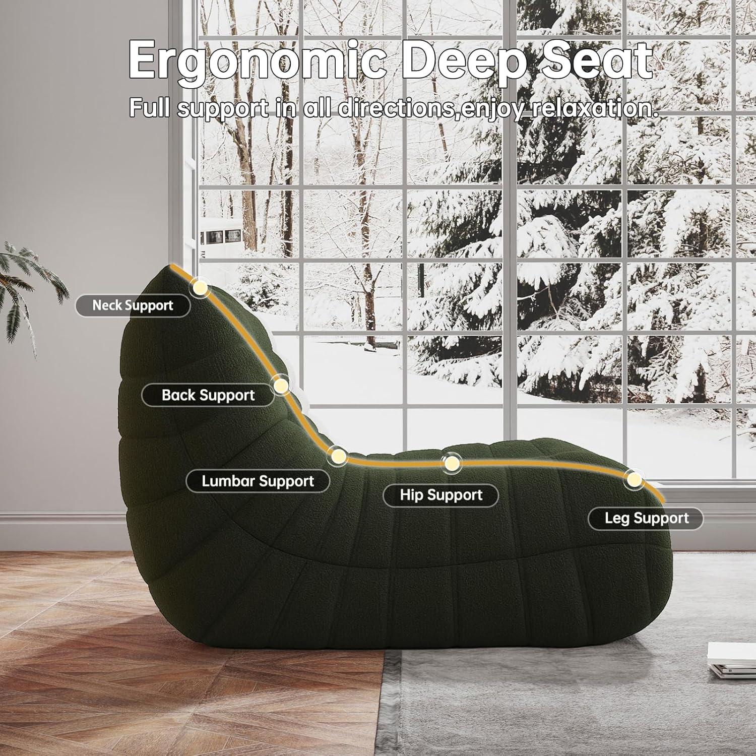 WHGBJA Bean Bag Chairs for Adults, BeanBag Reading Chair Memory Foam Couch 3-Seater, Floor Chair Soft Teddy Material, Comfy Reading Nook Chairs for Bedroom Living Room Office (Green)