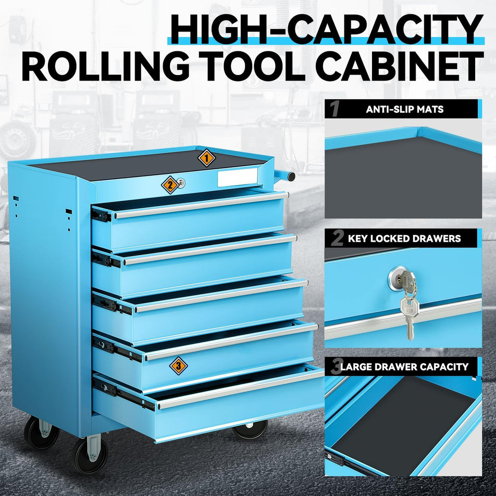 Auto Dynasty 5-Drawer Heavy-Duty Rolling Tool Trolley Tray with Ball-Bearing Slides, Corrosion-Resistant Finish, and Swivel Casters for Ultimate Workshop Organization