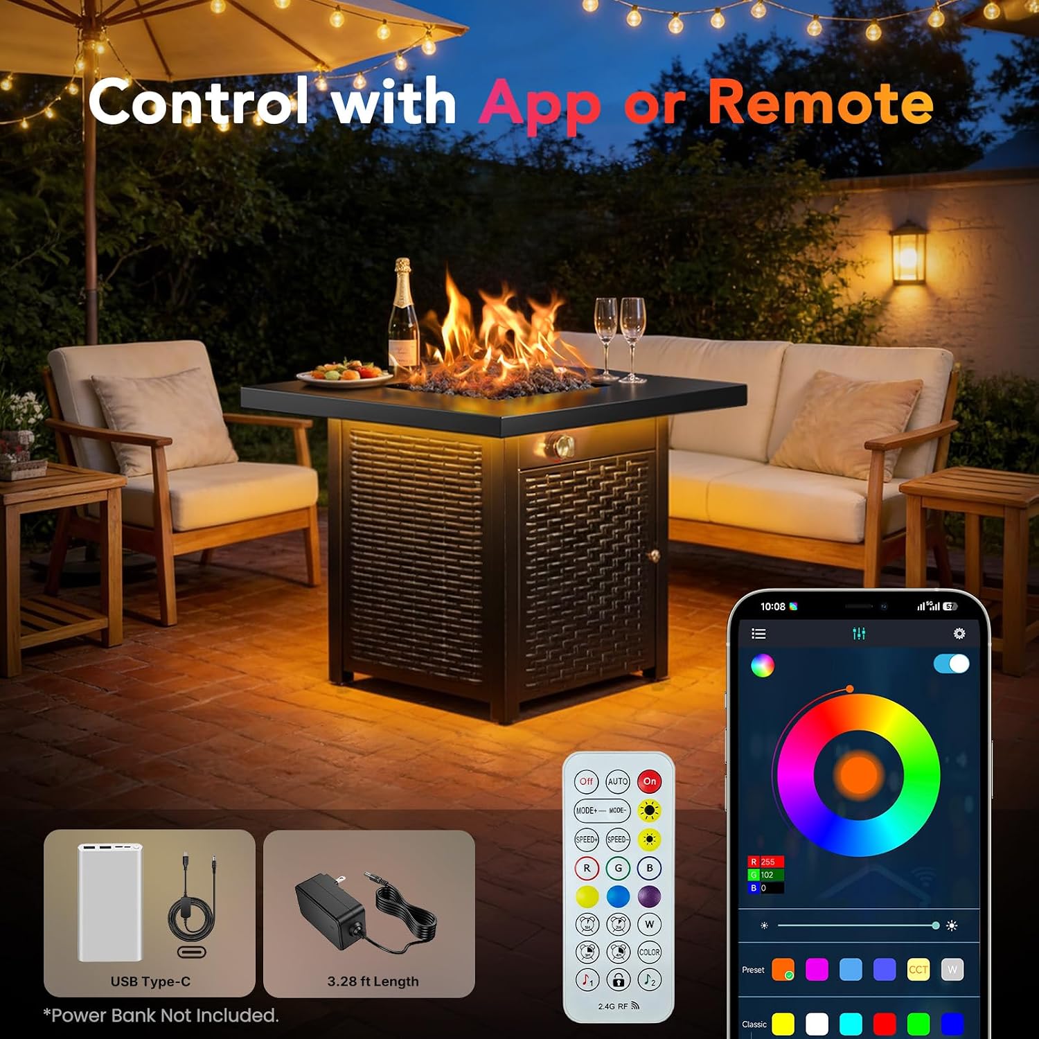 Ciays 28' Propane Fire Pit Table, 50,000 BTU CSA-Listed Gas Fire Pit with RGB Lighting, Adjustable Flame, Lava Rock, APP Control, Music-Sync Lighting, Outdoor Gas Fire Pit for Patio, Backyard & Garden