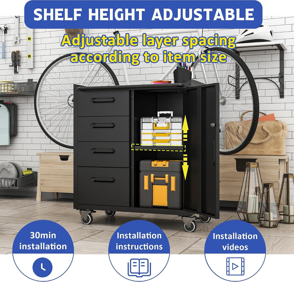 Mobile Tool Storage Cabinet with 4 Drawer and 1 Locking Doors,Heavy Duty Rolling Tool Cabinets for Garage,Metal Storage Cabinets Tool Cart on Wheels with Wheels,Assembly Required