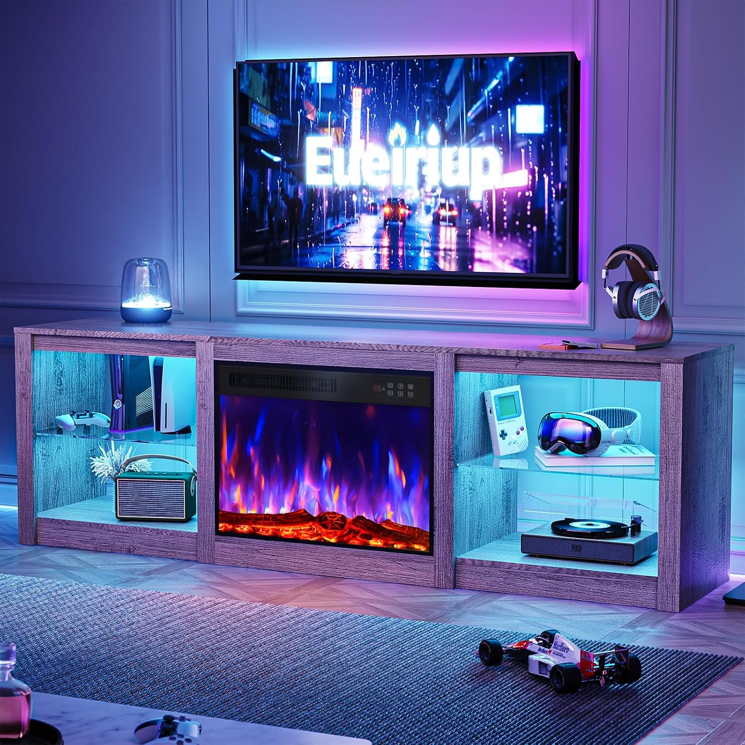 70' Fireplace TV Stand for TVs up to 80 Inches with 23'' Electric Fireplace Insert, Entertainment Center for Living Room, Gray