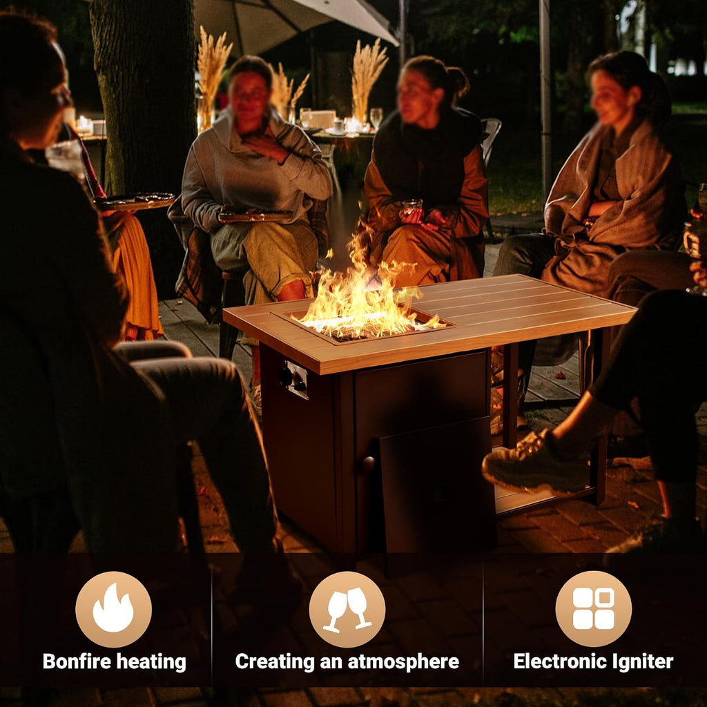 OVIOS 46 Inch Outdoor Patio Fire Pit Table, 50,000 BTU Heater Metal Steel Frame Propane Firepits with Storage Space, Wood-Like Tabletop, Waterproof Cover, Lid, Lava Rock, Black