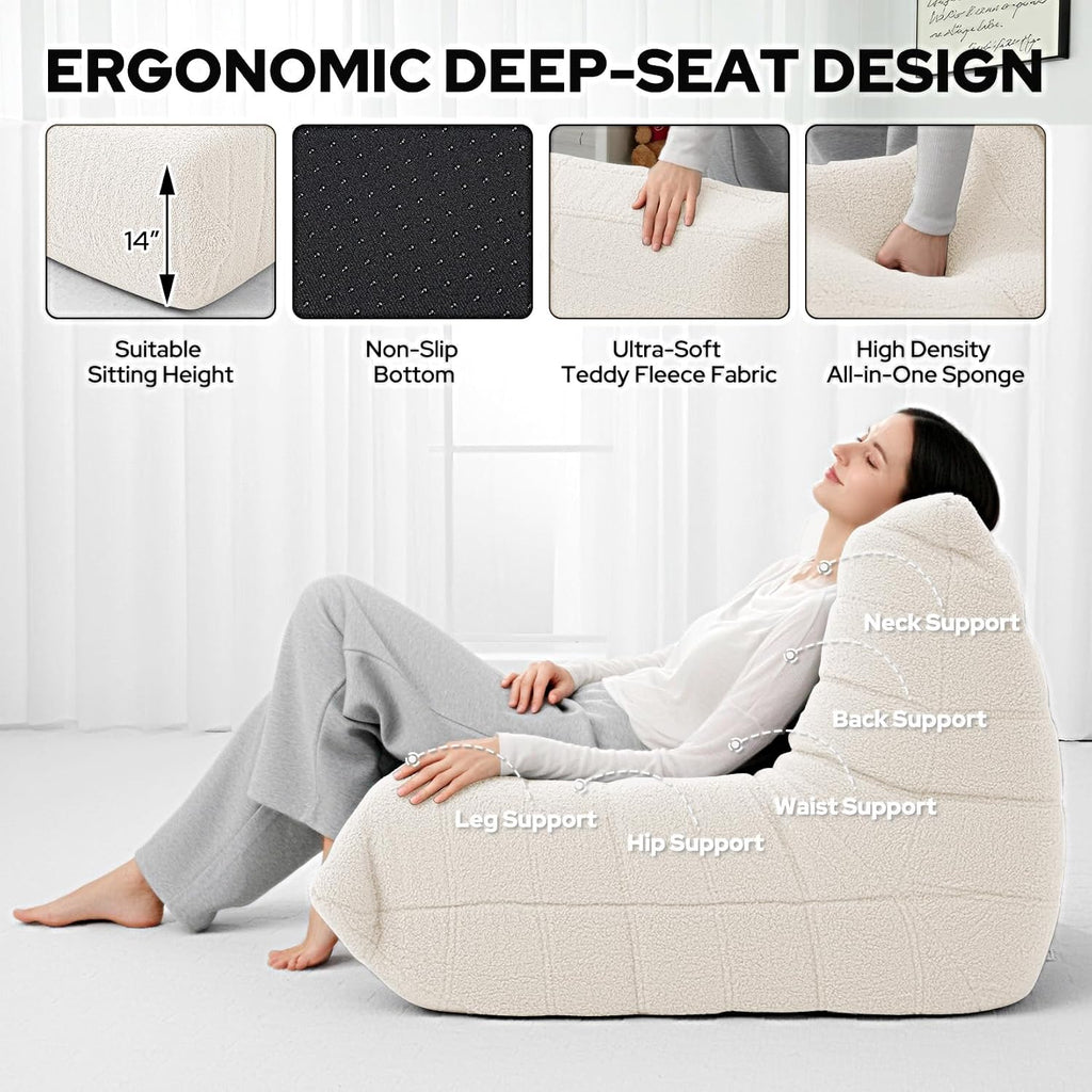 HABUTWAY Bean Bag Chairs Fireside Lazy Floor Sofa, Soft Teddy Fleece Bean Bag Sofa with High-Resilience Foam Filling，Beanbag for Living Room, Bedroom, Office (Beige Teddy)