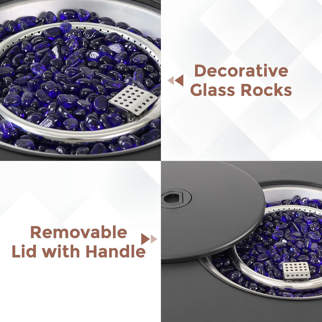 30 Inch Outdoor Fire Table Round Propane Fire Pit Table 50,000 BTU Gas FirePit with Waterproof Cover, Gloves, Steel Lid and Glass Rock, CSA Certified Fire Table for Outside Patio Garden Yard