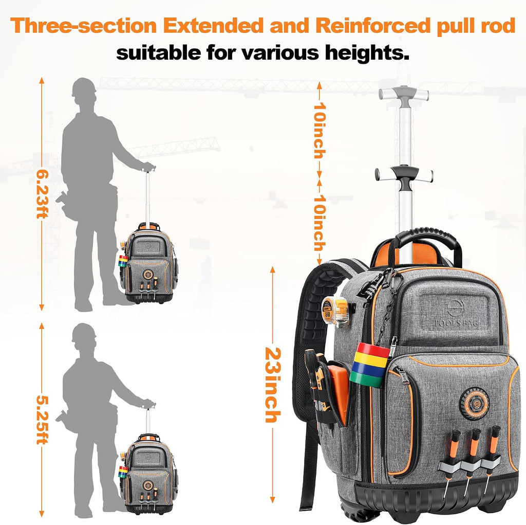 Backpack Tool Bag with Wheel, Rolling Tool Backpack for Electrician Heavy Duty Roller Tool Bag on Wheel for Construction Work, 75 Pockets & Loops Tool Backpack with Molded Base and Lock - Grey