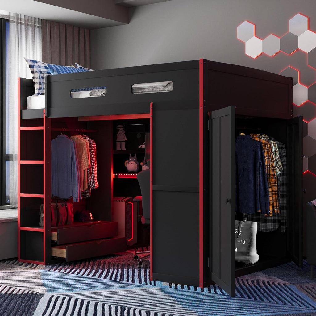 Full Size Gamer Loft Bed with Built-in Desk, RGB Lighting, USB Port & Storage, Gaming Bed with Wardrobe, Drawers for Kids, Teens, Adults (Red/G)