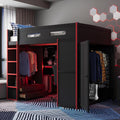 Full Size Gamer Loft Bed with Built-in Desk, RGB Lighting, USB Port & Storage, Gaming Bed with Wardrobe, Drawers for Kids, Teens, Adults (Red/G)