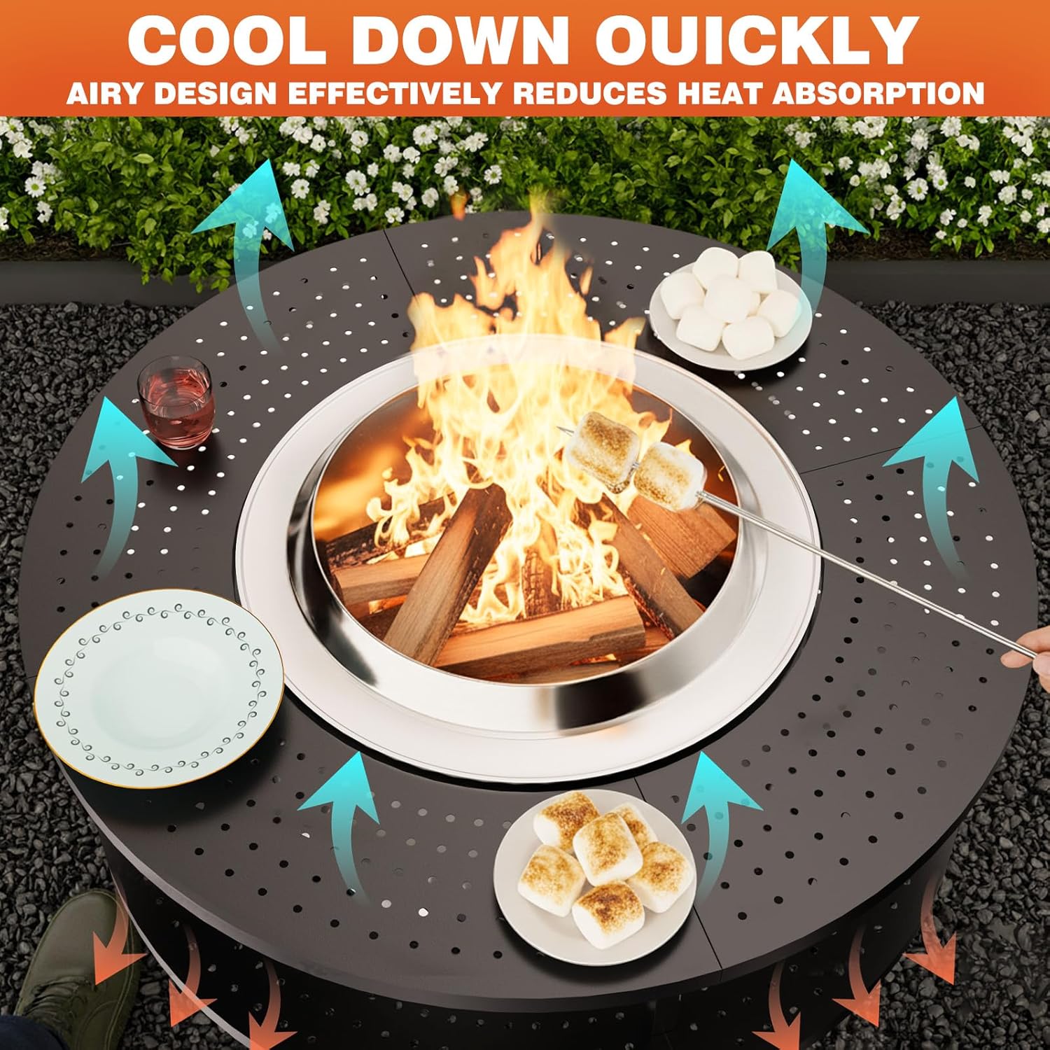 Fire Pit Surround Tabletop for Solo Stove Bonfire 1.0&2.0,Ranger 1.0&2.0, 41' Fire Pit Surround Tabletop with Wood Storage Shelf,Powder-Coated Steel Surround Tabletop with Extra Space and Raised Stand