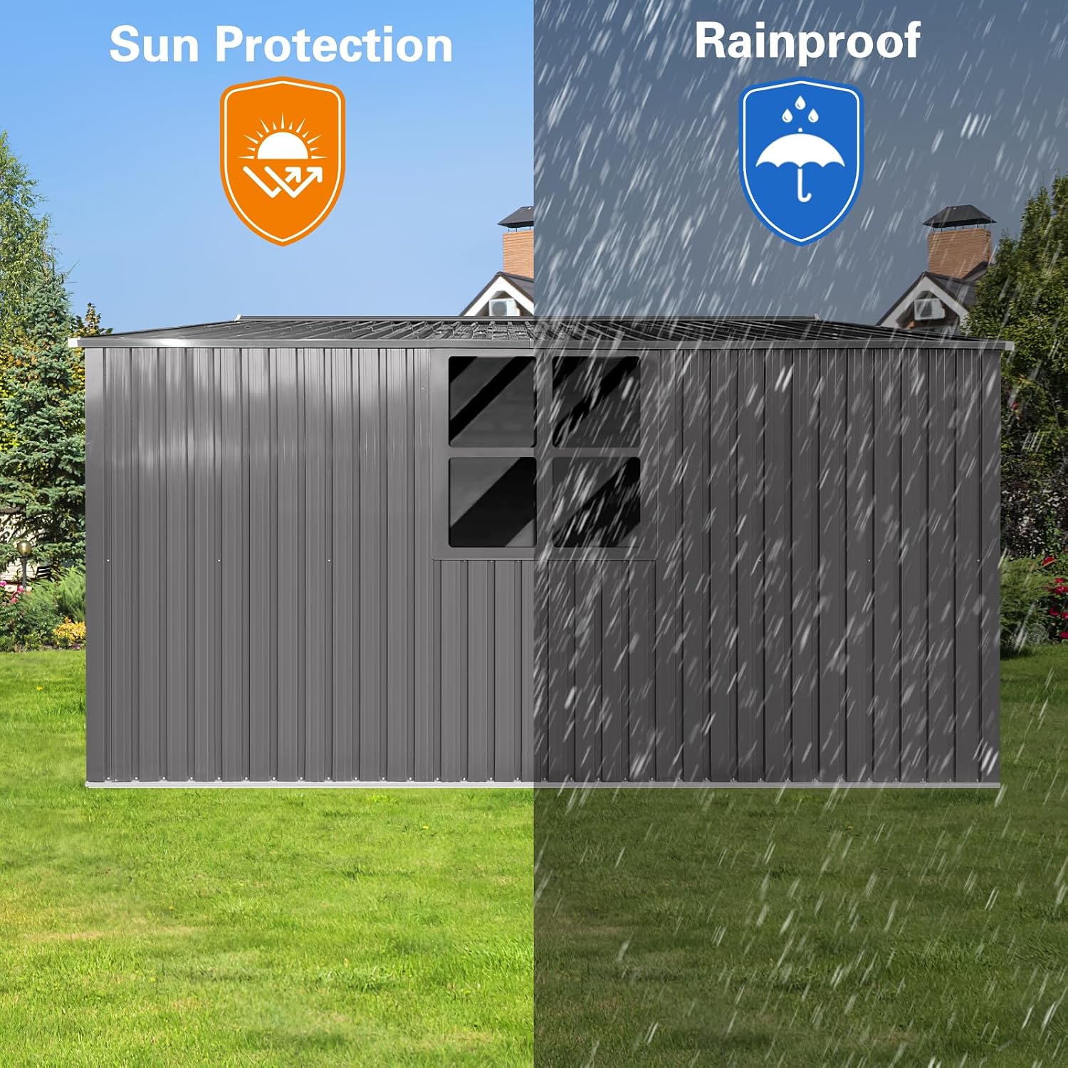 13x11 FT Metal Storage Shed, Outdoor Storage Shed with Window & Apex Roof, Lockable Door for Garden, Backyard, Lawn, and Utility Shelter, Weather-Resistant, Easy to Set Up, Grey