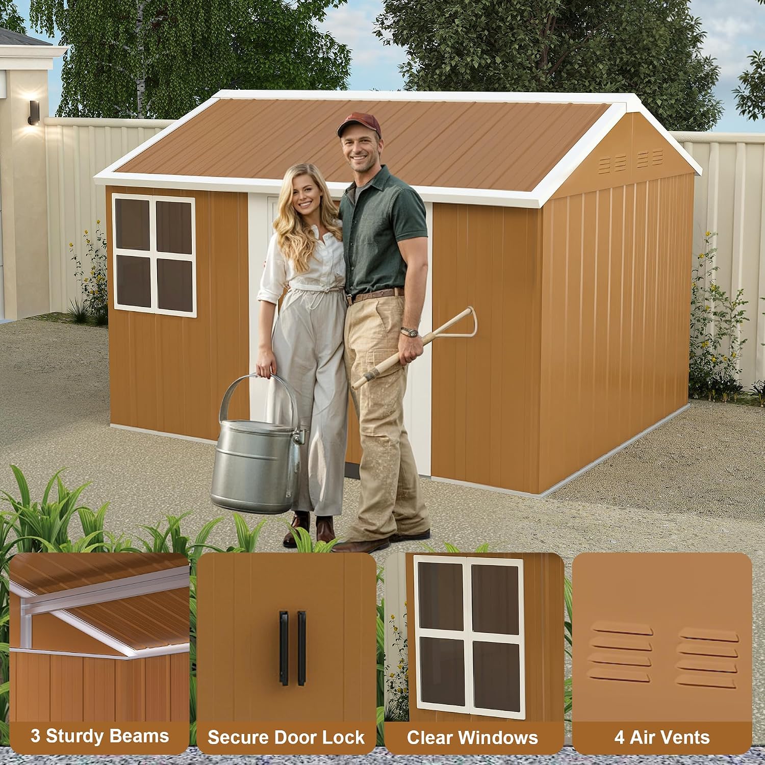 8x10 Outdoor Storage Shed, Heavy Duty Metal Shed, Lockable Garden Sheds with Sliding Door, Window and Airflow Design, Waterproof Steel Tool Sheds & Outdoor Storage for Backyard