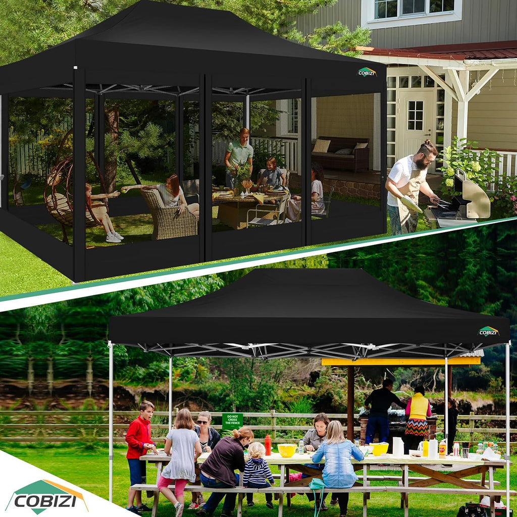 COBIZI 10x15 Heavy Duty Pop up Canopy with 4 Sidewalls, Canopy Tent with Mosquito Netting, Easy up Screen Party Tents for Parties Wedding Patio Backyard Commercial Gazebo with Handbag, Black