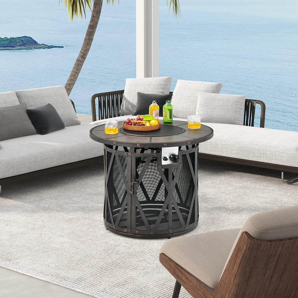 Tangkula 32 Inch Patio Round Fire Pit Table, Patiojoy 30,000 BTU Propane Gas Fire Table with Fire Glasses & PVC Cover, Ceramic Tile Tabletop, Outdoor Fire Table for Backyard, Poolside