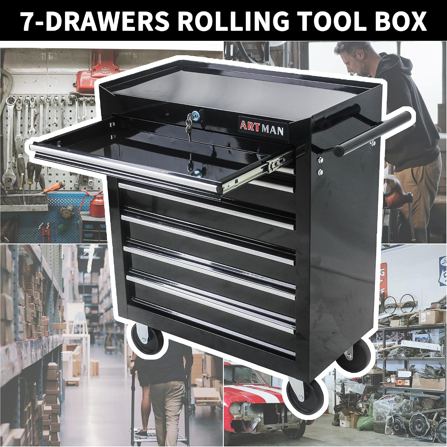 Tool Cart on Wheels 24.2in，7 Drawers Rolling Tool Box，Locked Drawers Storage Organizer Cabinet for Garage, Warehouse, Repair Shop, Workshop