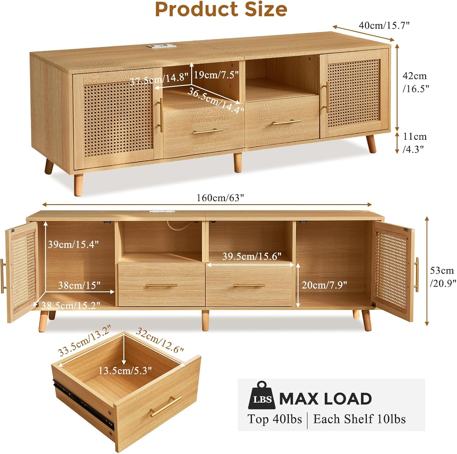Rattan TV Stand for 70 Inch TV, 63' Modern Entertainment Center with LED Light, Outlet, Storage Shelves, 2 Drawers and Cabinets, Rattan Door, Boho TV Stand with Outlet for Living Room, Wood