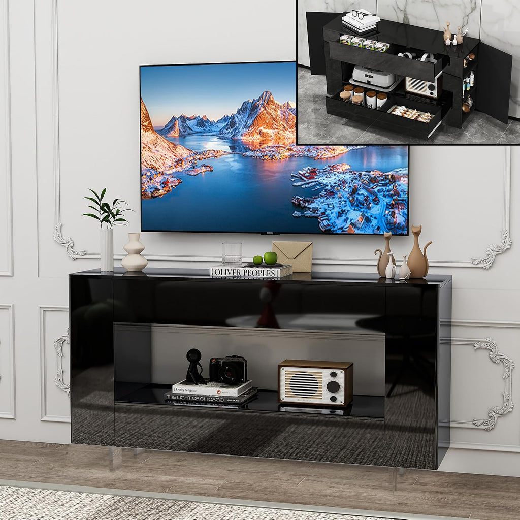 High Gloss TV Stand with 2 Large Drawers & Push-Open Doors - High Gloss Modern TV Console Storage Cabinet for Living Room, Office