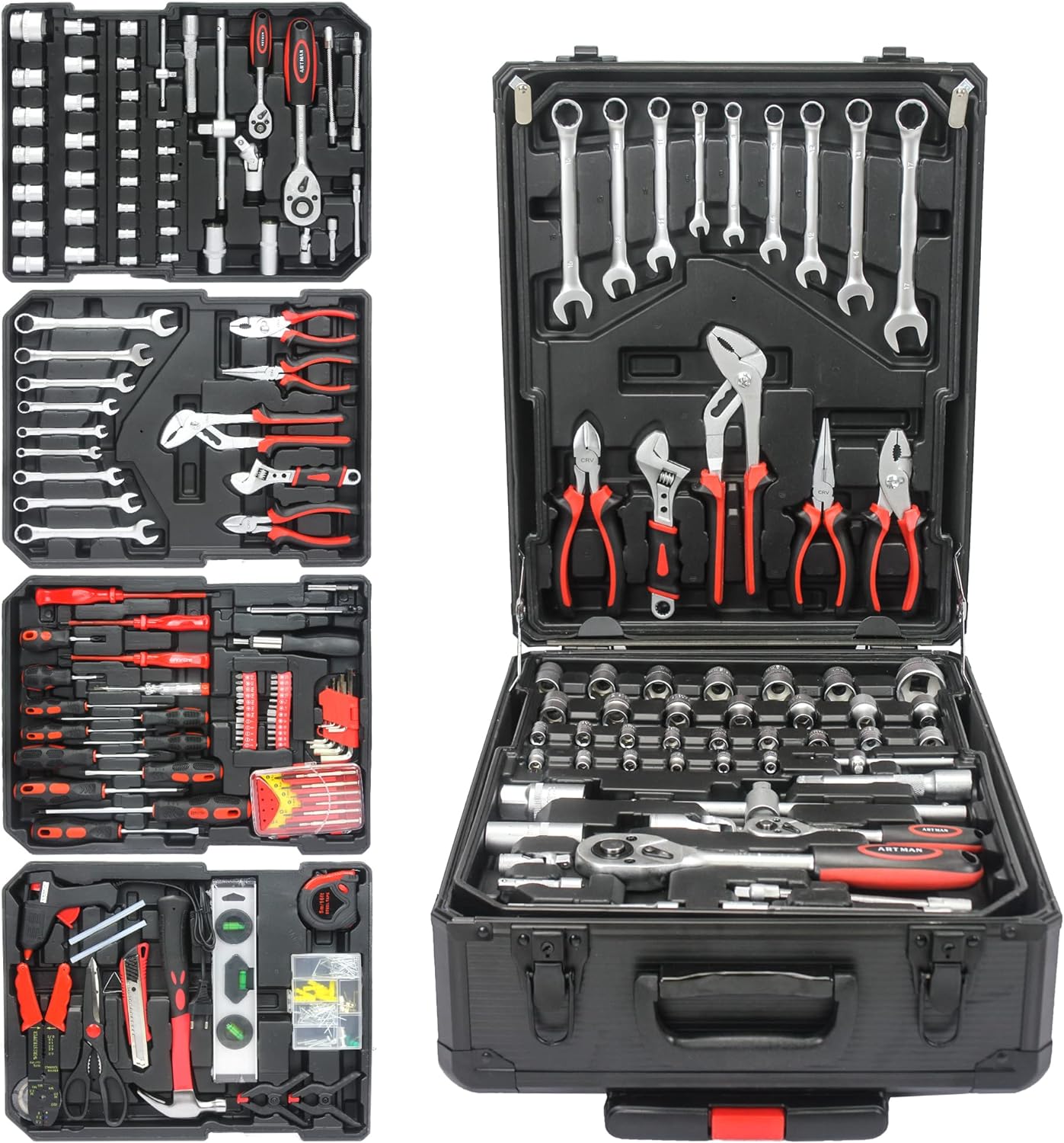 899pcs Rolling Tool Box Set with Lock,Rolling Trolley Case Tool Sets, 4 Layer of Tool Sets 90 Piece Tool Kits on Wheel, Wrench Socket Rolling Hand Tool Box Tool Kit for Garage,Repair Kit(Black)