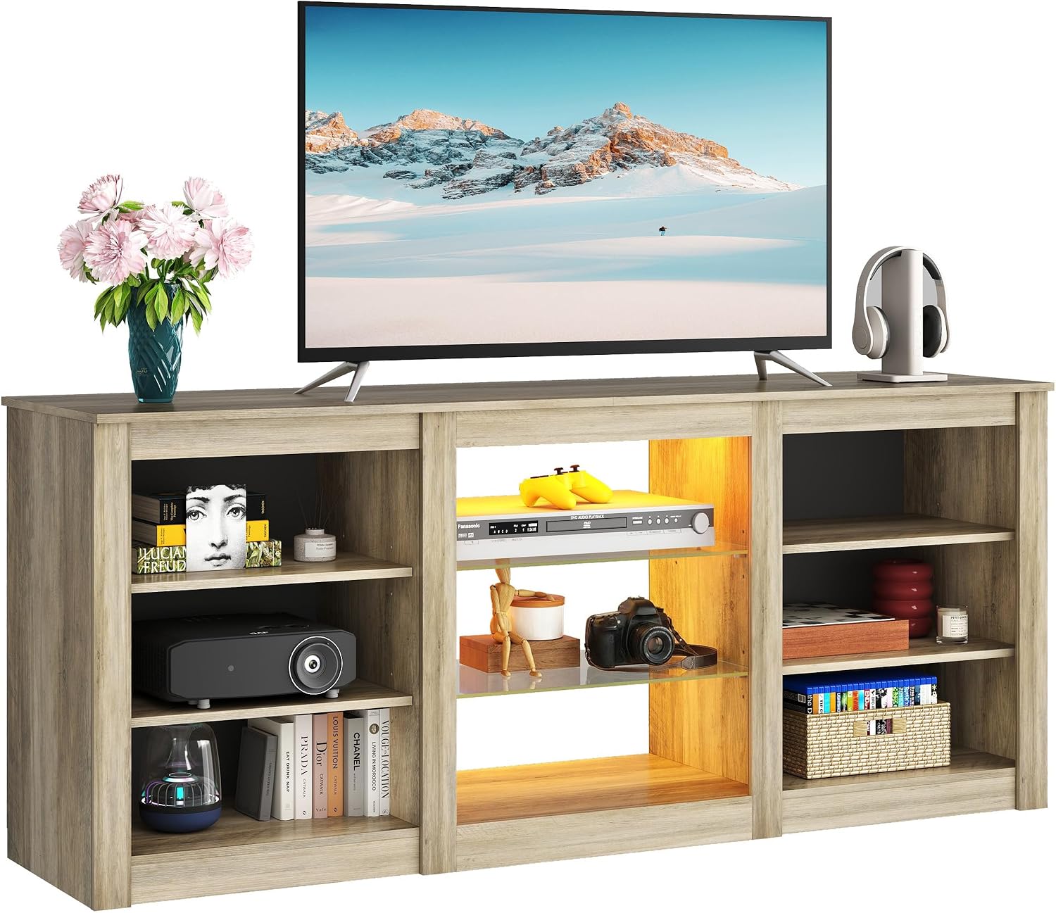 WLIVE Modern TV Stand for 65 Inch TV, Entertainment Center with Adjustable Open Shelves & RGB LED Lights, Sturdy Media Console for Living Room, Bedroom,Gaming(Gray Oak)
