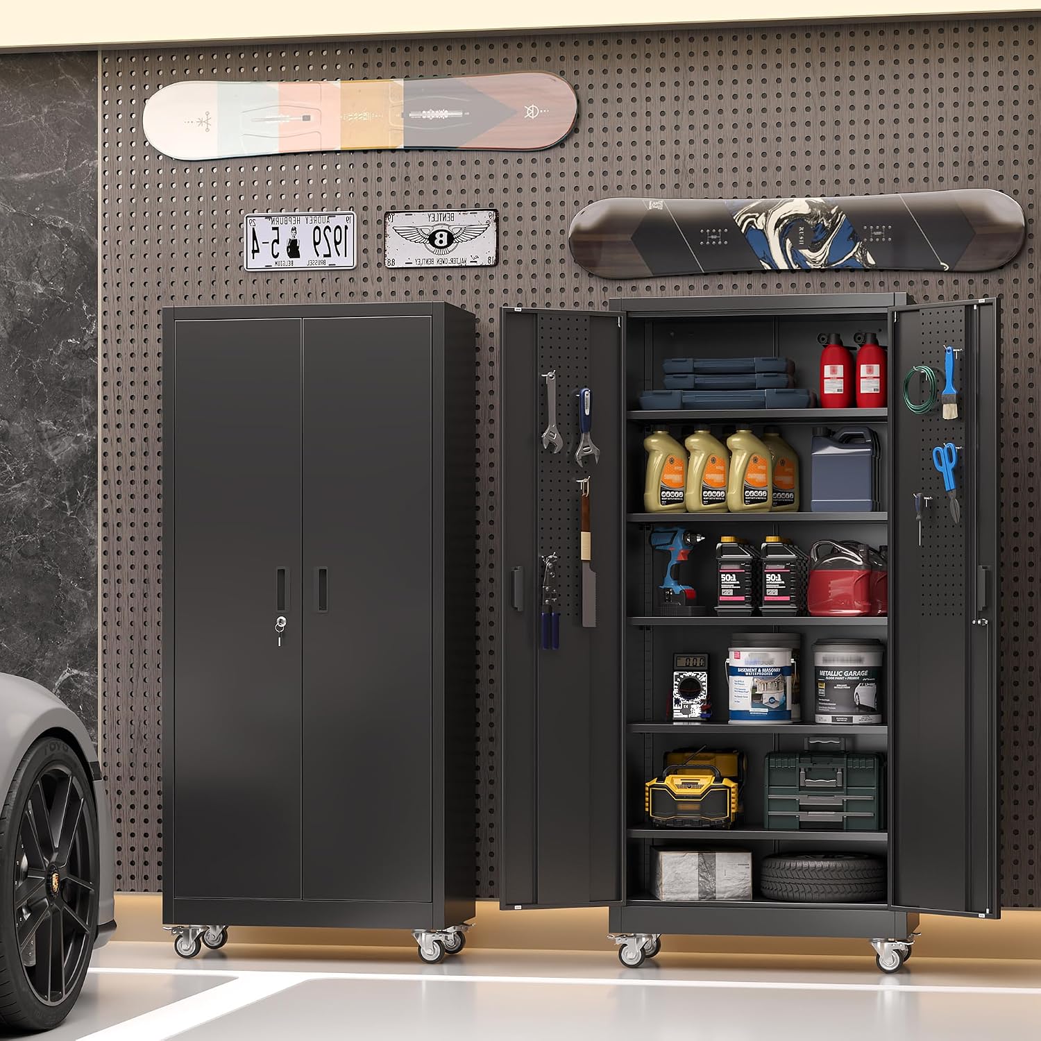 Garage Storage Cabinet with Wheels and Pegboard, 71' H x 32' W x 16' D Lockable Metal Storage Cabinet with 5 Adjustable Shelves and 2 Doors for Garage Home, Assembly Required, Black