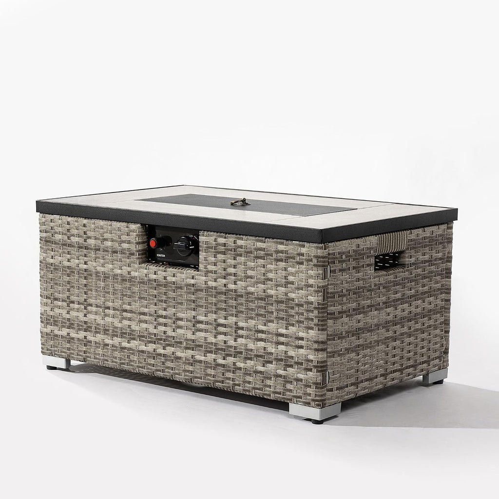 32in Gas Fire Pit Table Set, 50,000 BTU Propane Fire Pit Table Outdoor with Rain Cover, Hideaway Tank Holder Fits 20lb Tank, Gas Fire Pit for Outside w/Ceramic Tabletop and lid, Glass Rocks.