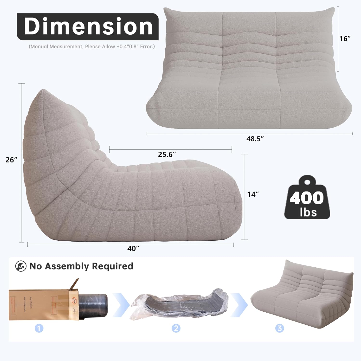 WHGBJA Bean Bag Chairs for Adults, Memory Foam Couch Loveseat Sofa Chair, Soft Teddy Material Cozy Comfy Reading Nook Chairs, Floor Chair for Living Room Bedroom Office(Grey)