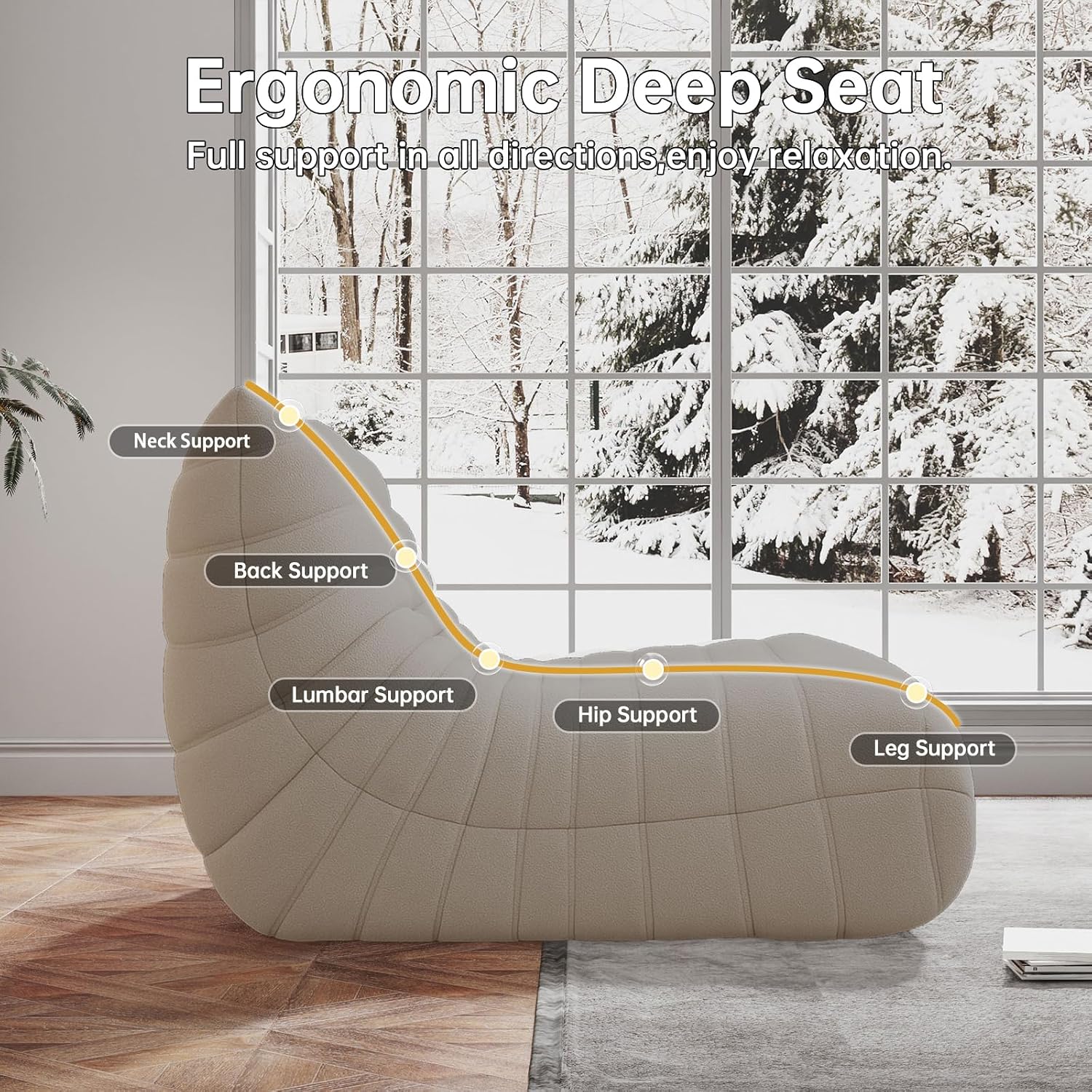 WHGBJA Memory Foam Bean Bag Chair for Adults, Teddy Material Beanbag Sofa with Filler, Cozy Floor Lounge Seat for Living Room, Bedroom, Dorm, Office (Grey)
