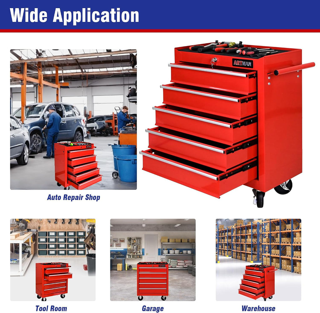 5 Drawers Tool Cart on Wheels, 5 Drawer Rolling Tool Chest with Key Lock, Trolley Organizer Tool Case, Multifunctional Rolling Tool Box for Garage,Warehouse,Workshop,Repair Shop (Red)