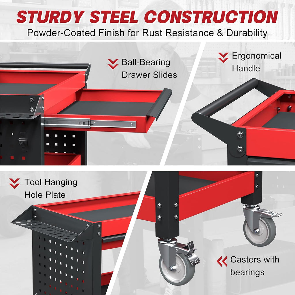 3 Tier Tool Cart on Wheels, Heavy Duty Metal Rolling with Drawers and Pegboards, 660 LBS Load Capacity Tool Storage Cart, Industrial Utility for Garage, Warehouse, Workshop