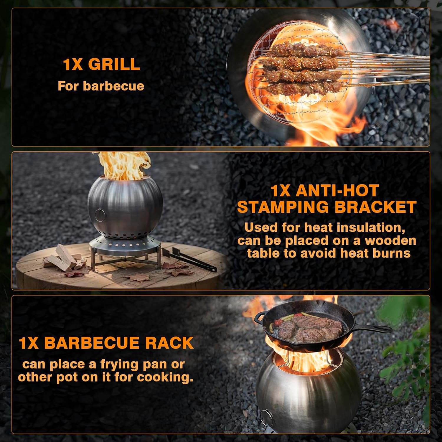 CHANGE MOORE 13.8' Smokeless Fire Pit with 304 Stainless Steel Grill, Portable Spherical Wood Burning Firepit for Backyard, Firepit Set Includes Grill & Fire Poker