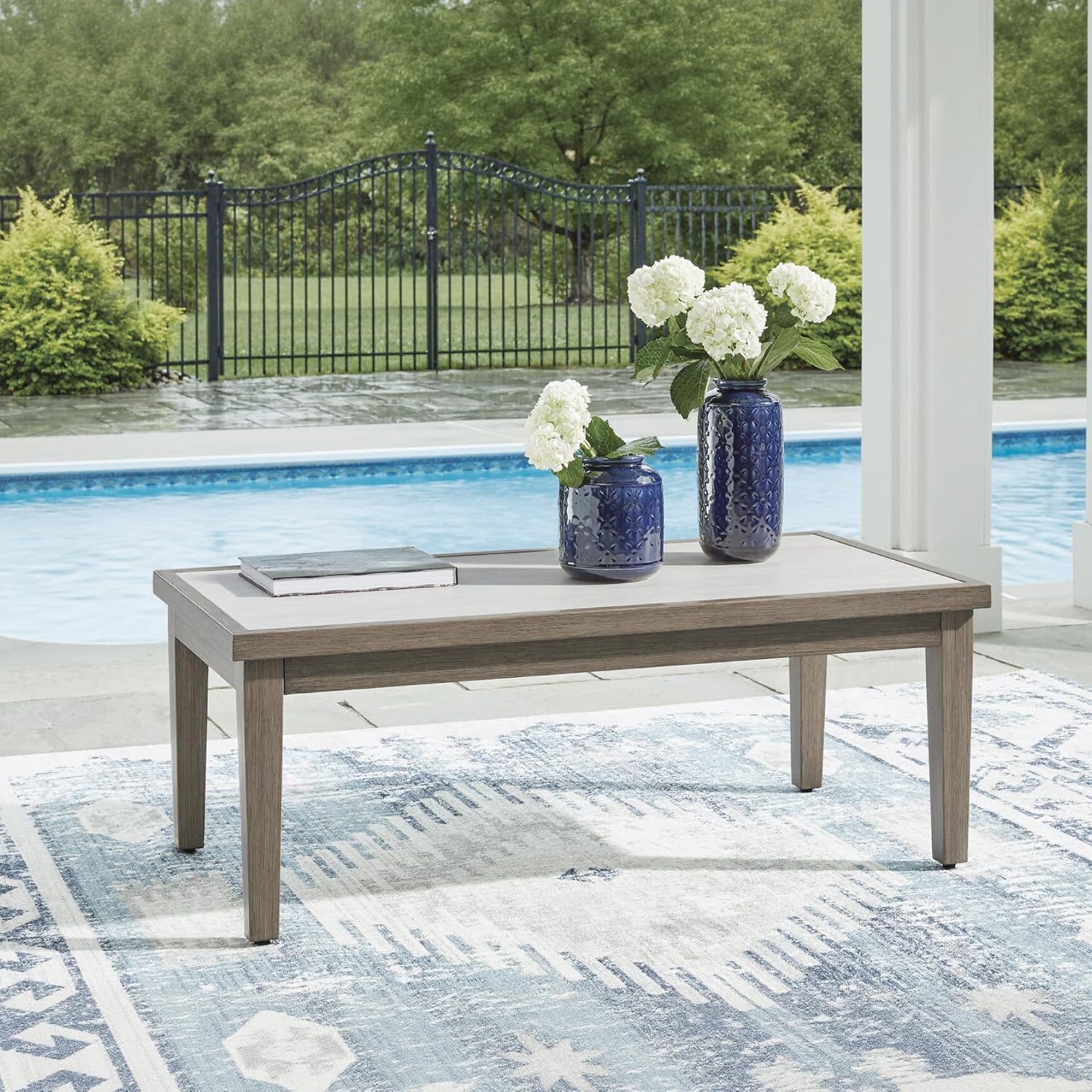 Signature Design by Ashley Rainier Ranch Contemporary Weather Resistant Outdoor Coffee Table with Sintered Stone Top, Light Brown & Beige