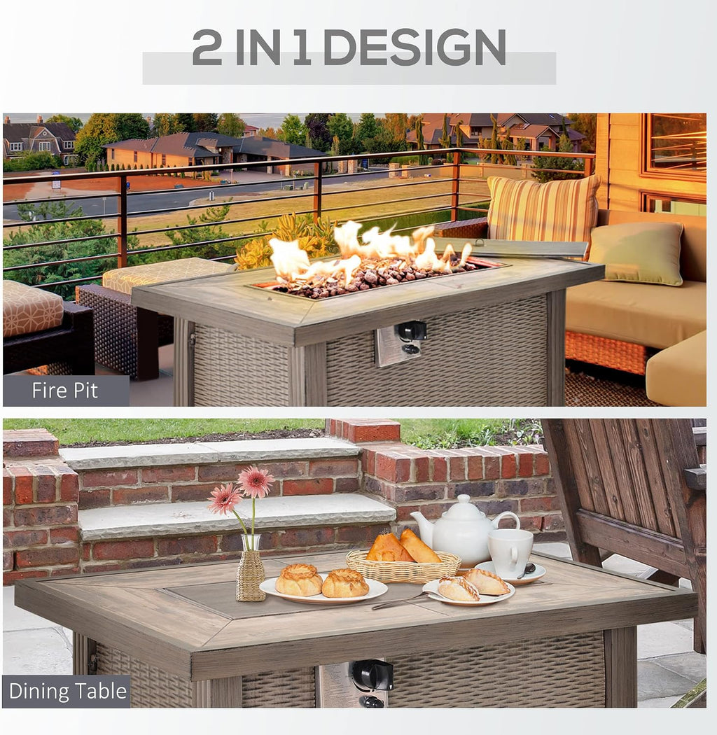 Outsunny Propane Fire Pit Table, 30,000 BTU 42' Wicker-Effect Gas Fire Table, Auto-Ignition Rectangular Outdoor Firepit with Lid, Ceramic Tabletop, Lava Rocks and Rain Cover, CSA Certification, Gray