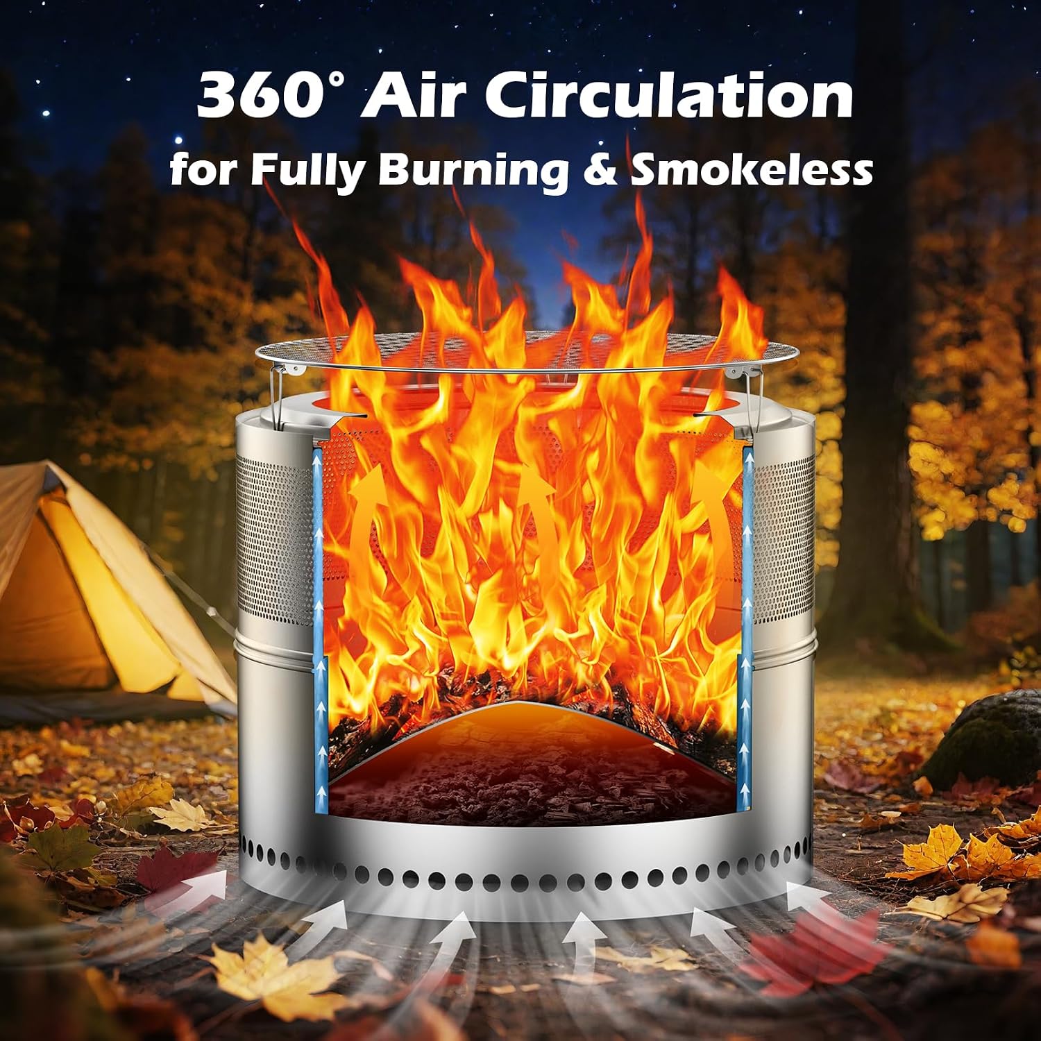 Smokeless Fire Pit Outdoor, 20 Inch Portable Stainless Steel Smokeless Firepit with Grill Grate, Ash Pan & Carry Bag, Low Smoke Wood Burning Fire Pits for Camping, RV, Patio, Compact Storage
