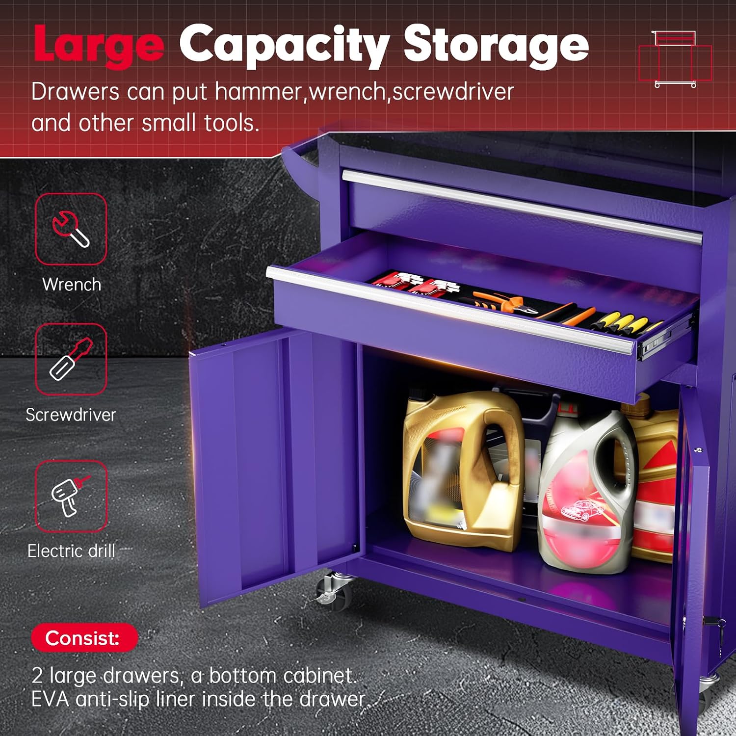 Superday Metal Tool Chest, 8 Drawer Rolling Tool Chest with Wheels, Detachable Tool Storage Cabinet with Lock for Garage, Steel Tool Cart with Liner & Hooks for Workshop, Warehouse (Purple)