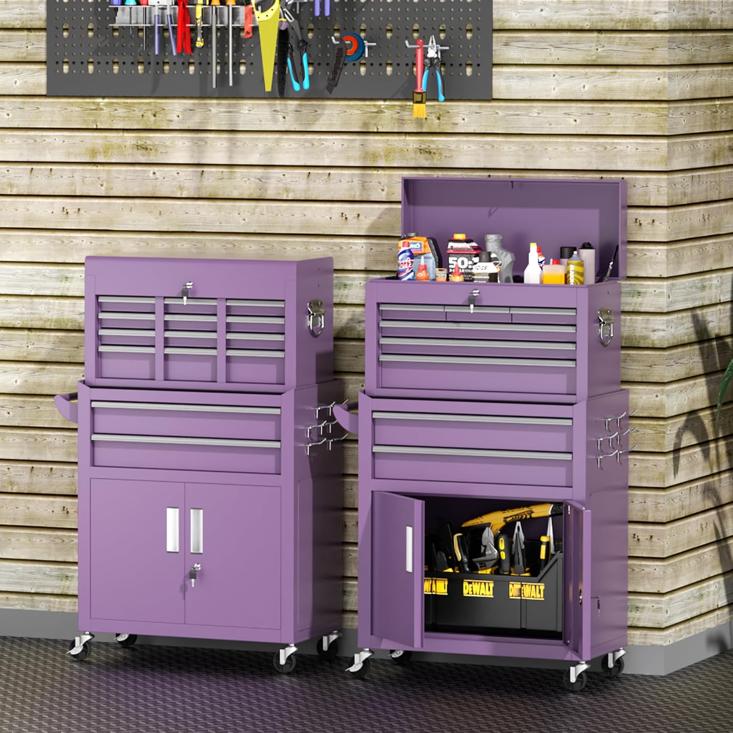 INTERGREAT Tool Chest, Assembled 8-Drawers Rolling Tool Chest with Wheels, Detachable Top Tool Box, Tool Cabinet for Repair Room,Warehouse, Rolling Tool Box with Hooks,Tray Divider,Liners(Purple)