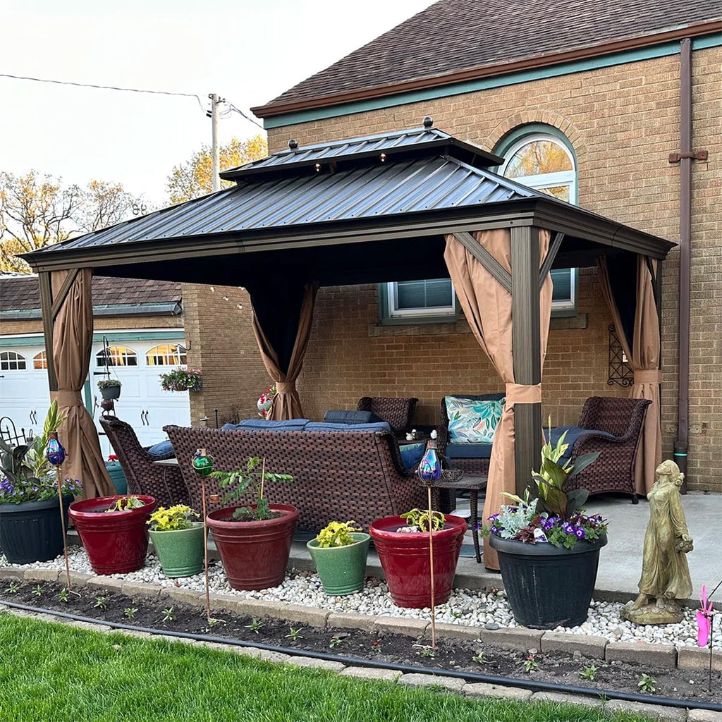 PURPLE LEAF Hardtop Gazebo 10' X 14' Metal Roof with Netting and Curtains Hard Top Backyard Patio Gazebos Permanent Canopy Deck Garden Hot Tub Outdoor Pavilion