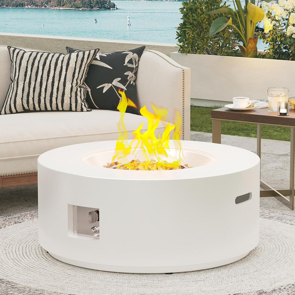 32.5 Inch Propane Fire Pit Table, 50,000 BTU Round Patio Fire Pit Table Outdoor, CSA Certified, Stainless Burner with Steel Lid, Waterproof Cover & Lava Rocks, for Garden Backyard, White