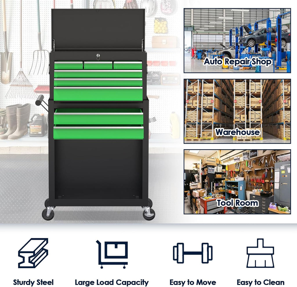 8-Drawer Rolling Tool Chest, High Capacity Removable Tool Storage Cabinet, Detachable Toolbox with Lock for Garage Warehouse and Workshop (Blackgreen)