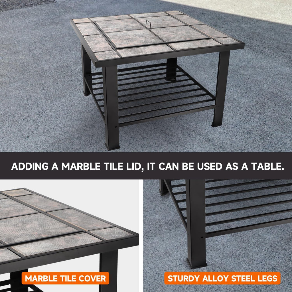 30-Inch Square Fire Pit Table, Wood Burning Fireplace/Firepit with Marble Tile Tabletop, Mesh Lid, Fire Grate, Poker and Nylon Cover