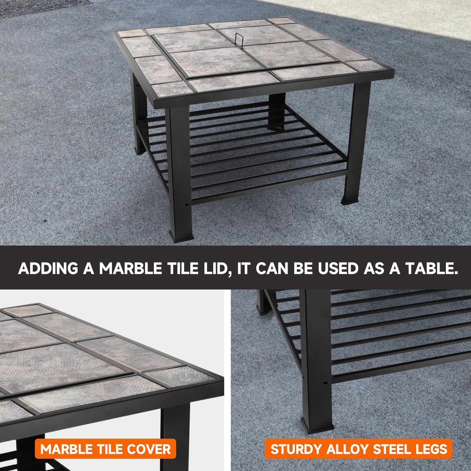 30-Inch Square Fire Pit Table, Wood Burning Fireplace/Firepit with Marble Tile Tabletop, Mesh Lid, Fire Grate, Poker and Nylon Cover