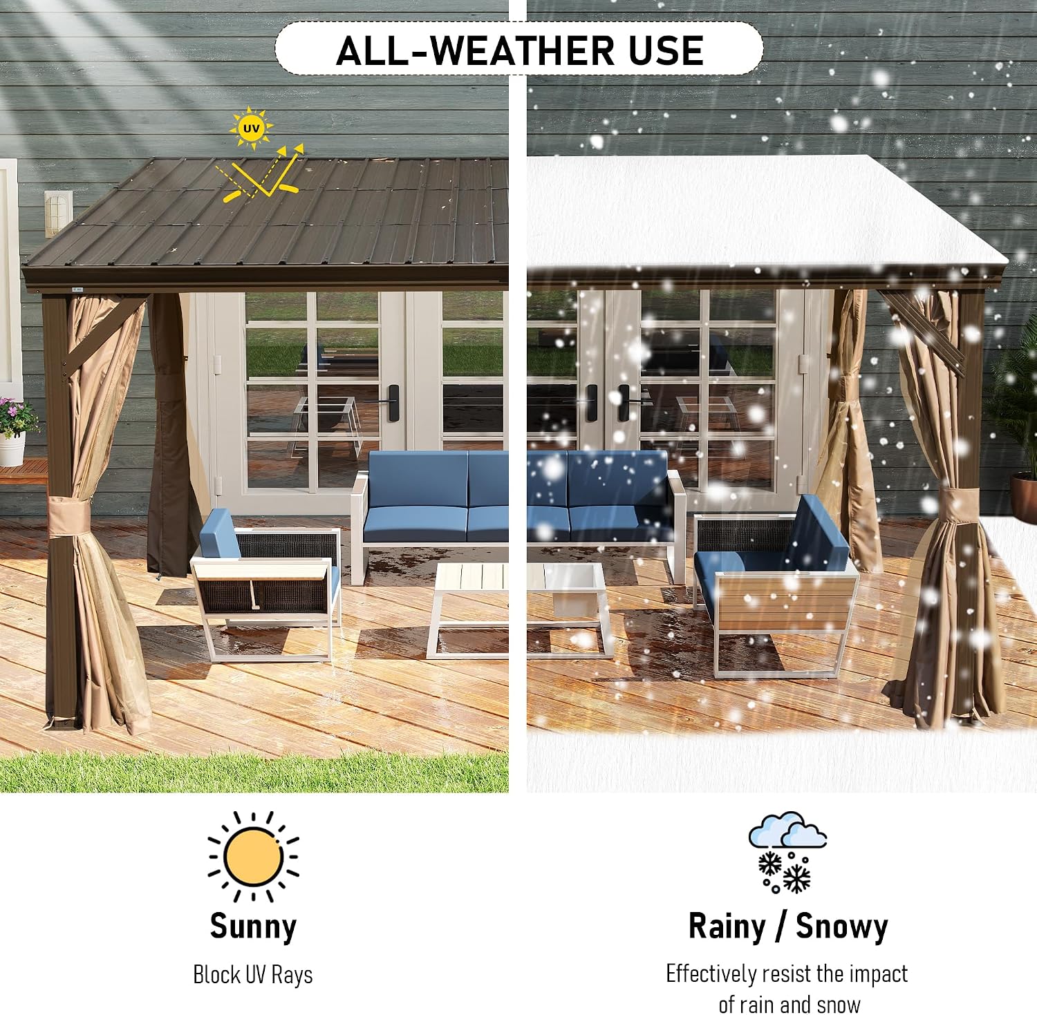 Domi 10x14FT Lean to Gazebo, Outdoor Hardtop Wall Mounted Heavy Duty Canopy with Sloping Galvanized Steel Roof, Aluminum Frame Mounted Gazebo, Netting and Curtain Included for Deck, Porch, Backyard