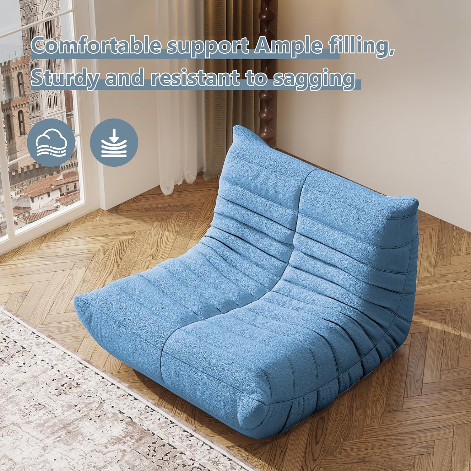 Giant Bean Bag Chair for Adults - Teddy Fleece Fireside Accent Chair with Memory Foam, Comfy Lazy Floor Sofa Couch Boneless Chaise Lounge for Living Room Bedroom Home Theaterr, 1 Seater, Misty Blue