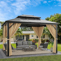 10' x 12' Hardtop Gazebo, Aluminum Frame Gazebo with Galvanized Steel Double Roof, Curtains and Netting, Outdoor Canopy Metal Permanent Pavilion for Garden Patio Deck Backyard, Brown