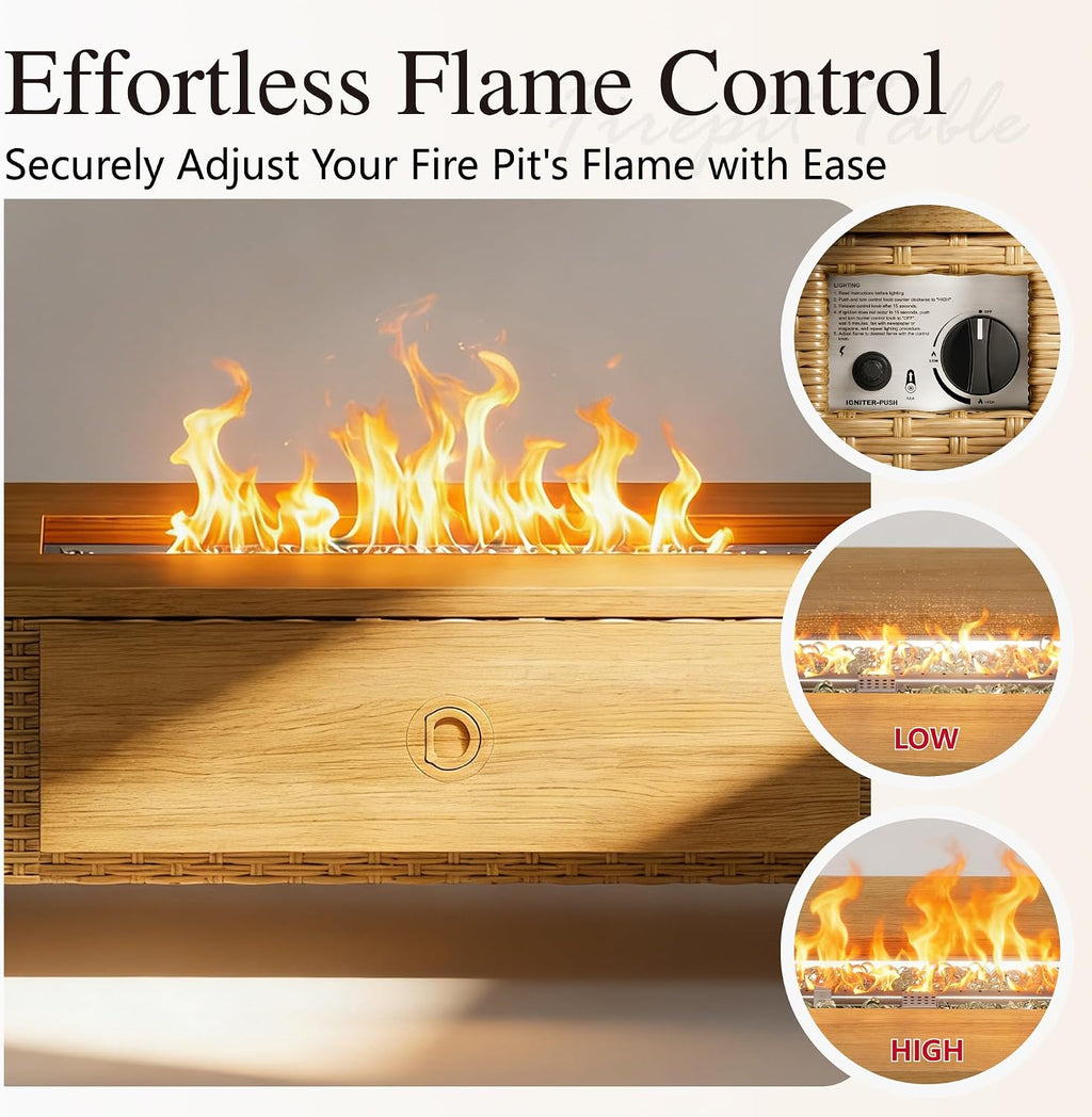 Sophia & William 42 Inch Outdoor Propane Gas Fire Pit Table Patio Rattan Rectangular Fire Table with Tank Cover Table, 50,000 BTU Firepit Table for Outside Patio with Fire Glass, Lid