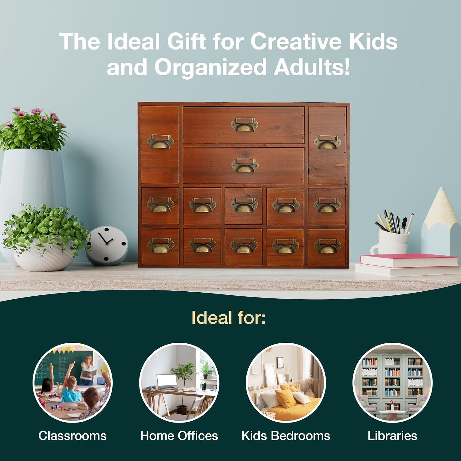 14-Drawer Apothecary Cabinet - Index Card Organizer - Miniature Chest of Drawers - Brass Handle Organizer - Kids' Arts and Crafts Storage - Wooden Desktop Drawer Organizer