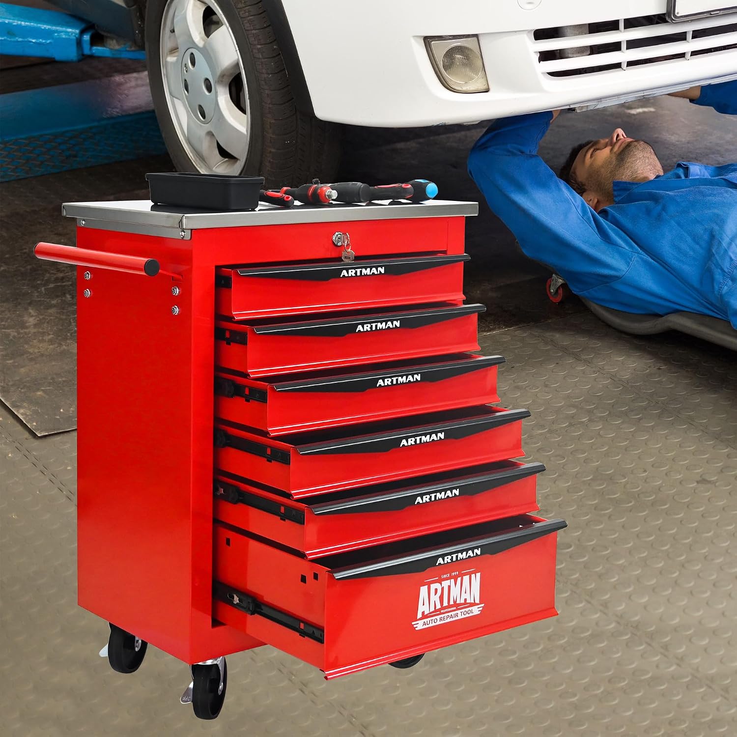 6 Drawers Rolling Tool Box on Wheels, Stainless Steel Countertop Tool Chest Cabinet with Lock, Drawers Rolling Tool Cart Trolley Organizer Tool Case for Garage,Warehouse (Red)