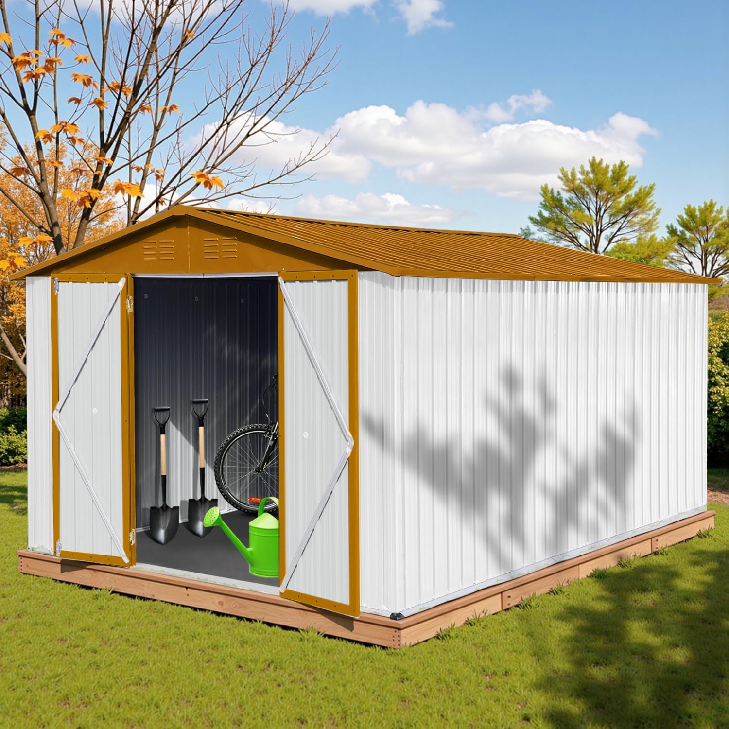 LINKHOO 10'x12' Metal Garden Shed, Outdoor Storage, White & Yellow
